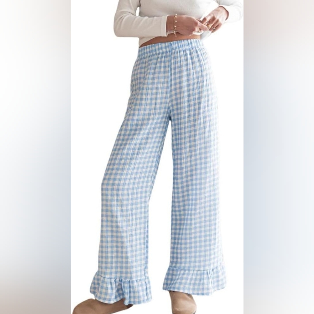 Womens Light Blue Gingham Pajama Pants